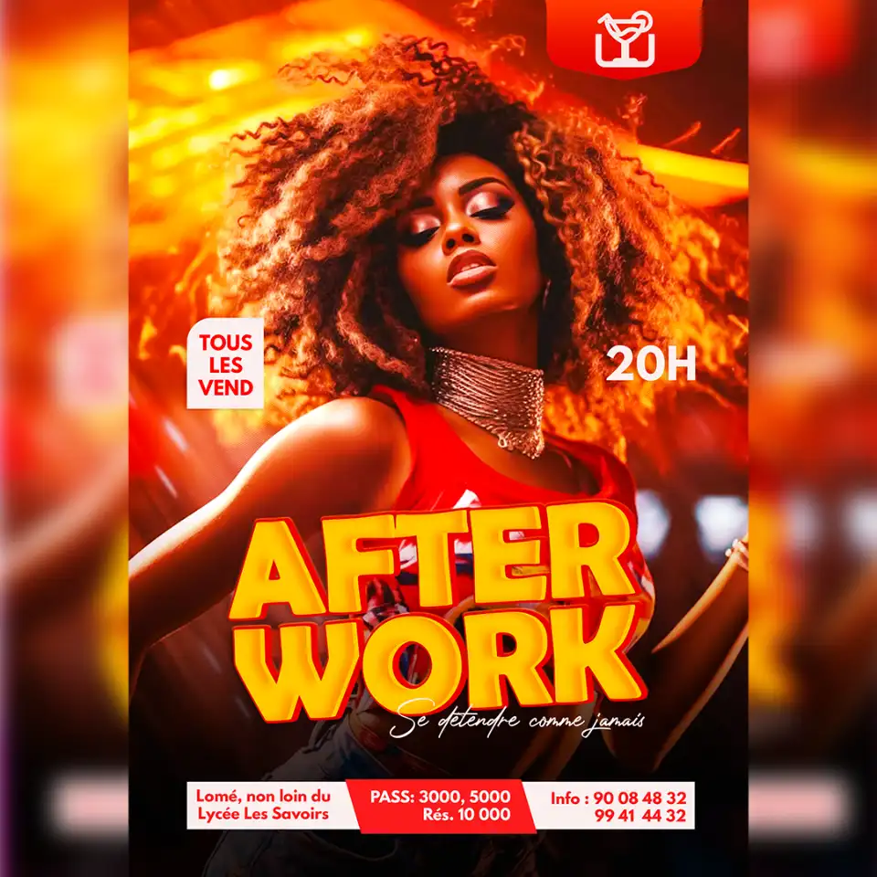 Affiche pour une soirée "After Work" à Lomé, avec une femme afro-descendante aux cheveux bouclés, détails sur le lieu, l'heure (20h) et les tarifs.