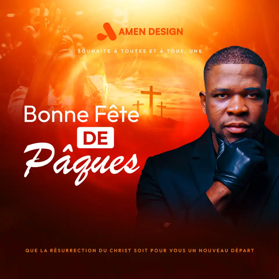 Visuel "Amen Design" souhaitant une Bonne Fête de Pâques avec des croix et une phrase sur la résurrection.