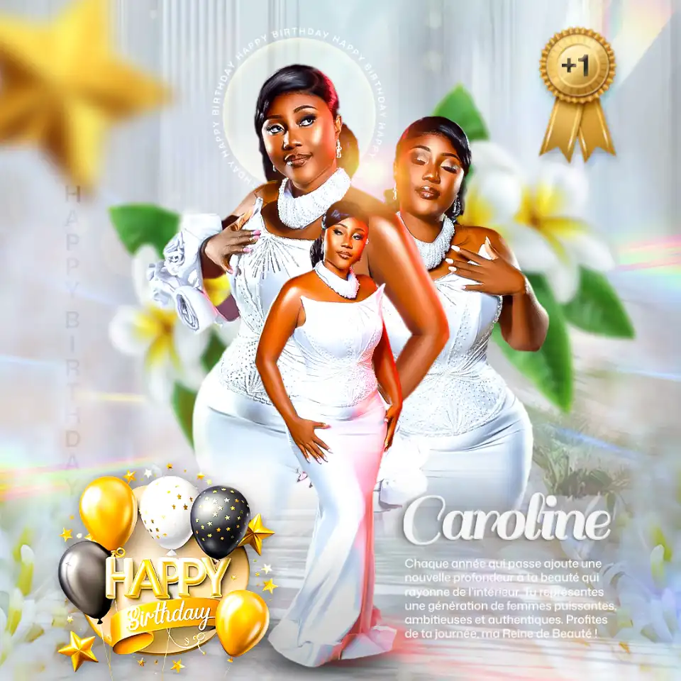 Trois portraits de Caroline en robe blanche, avec ballons et texte "Happy Birthday"