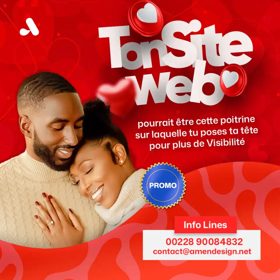 Un couple amoureux, l'homme caressant le visage de la femme, avec le texte "TonSite Web" et une offre promotionnelle pour plus de visibilité.