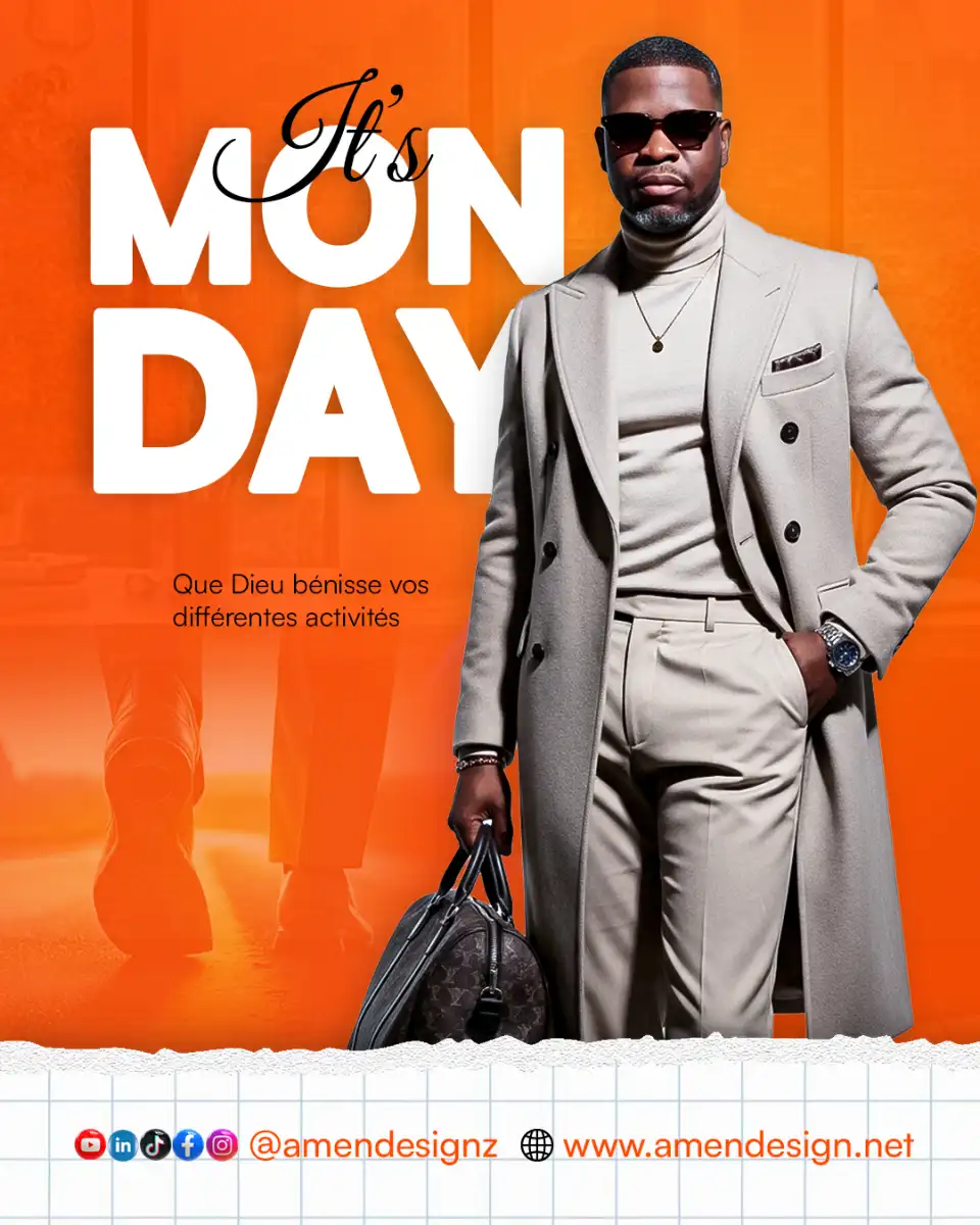 Un homme élégant en manteau beige et costume assorti, portant un sac, avec le texte "It's Monday" et une bénédiction pour les activités.