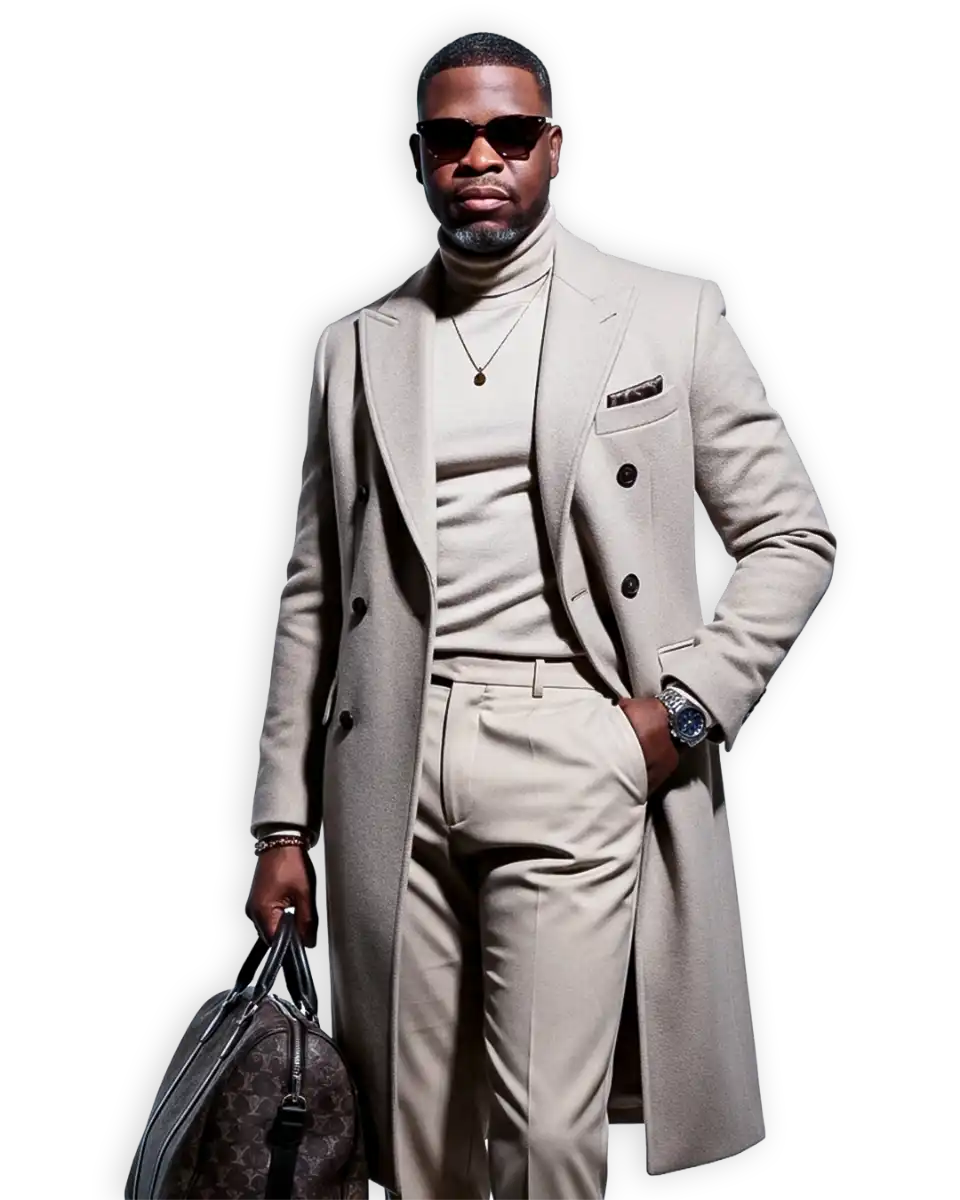 Un homme afro-américain élégant porte un manteau long et un pantalon beige, un col roulé, des lunettes de soleil et tient un sac de luxe.