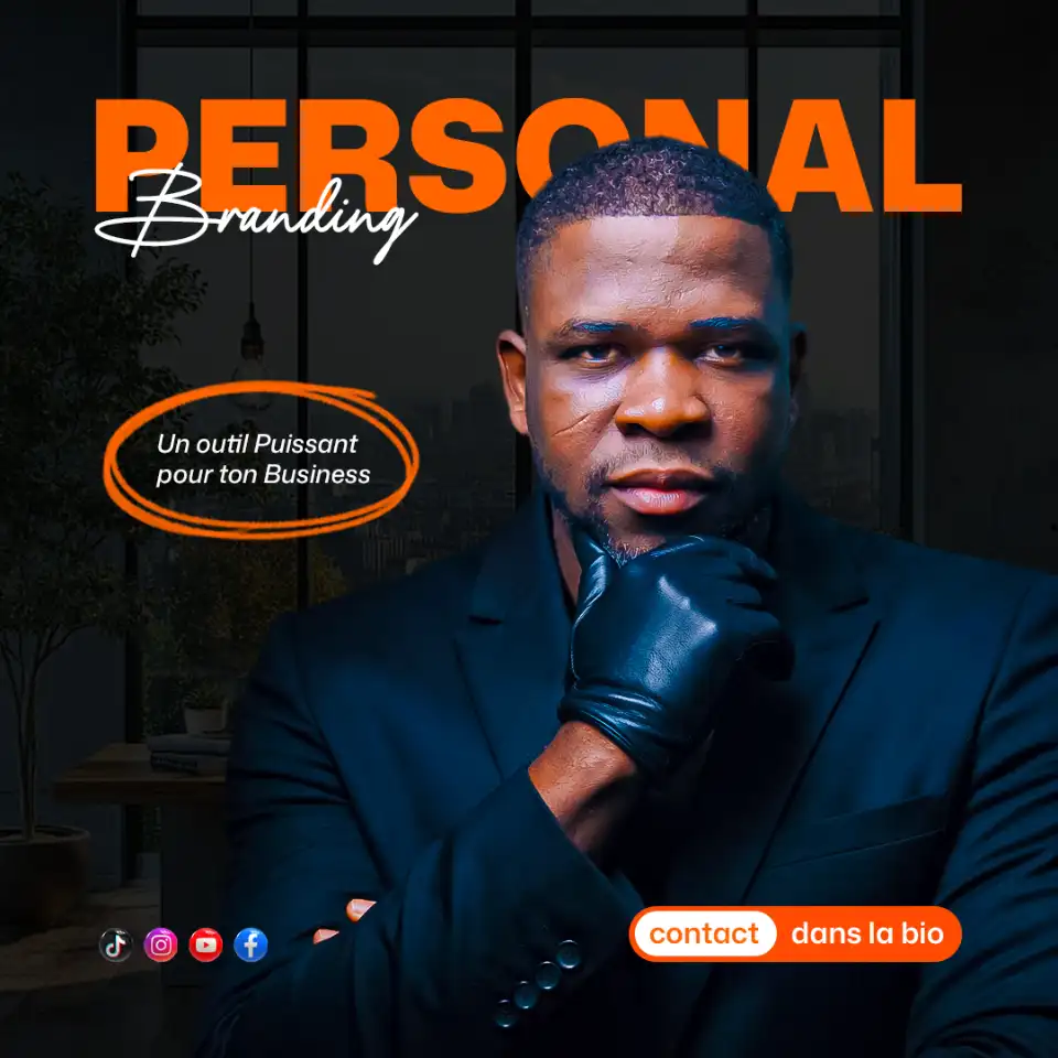 Homme en costume noir et gants, texte "PERSONAL Branding" et "Un outil puissant pour ton Business"