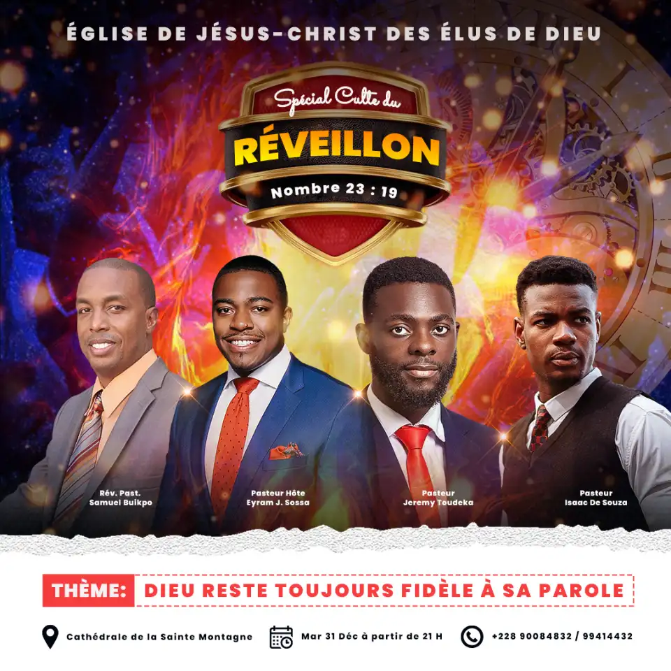 Affiche d'un culte spécial du réveillon de l'Église de Jésus-Christ des Élus de Dieu avec l'image de quatre pasteurs et les détails de l'événement.